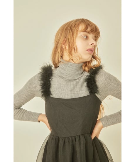 fur strap tulle frill long onepiece