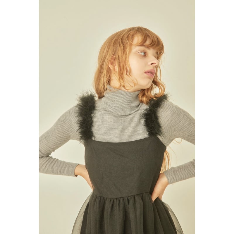 fur strap tulle frill long onepiece | BONNE