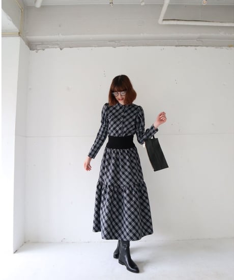 waist rib tiered long skirt check black