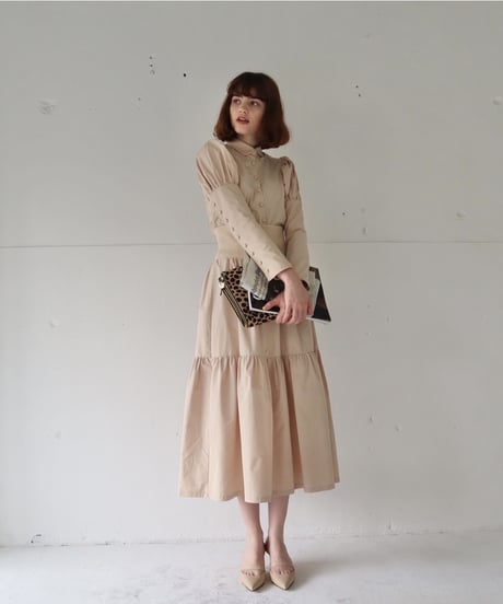 puff sleeve arm button blouse beige