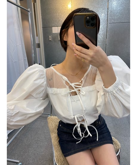 arm volume dot see-through docking blouse white
