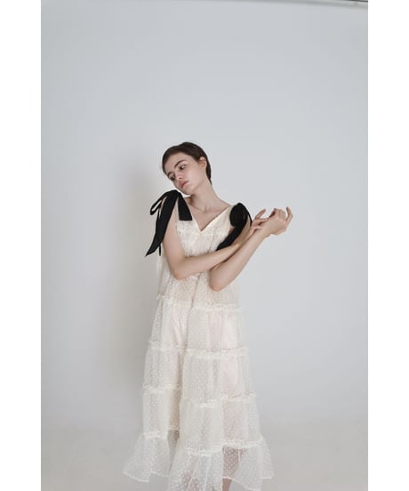 shoulder ribbon tiered one-piece dot tulle