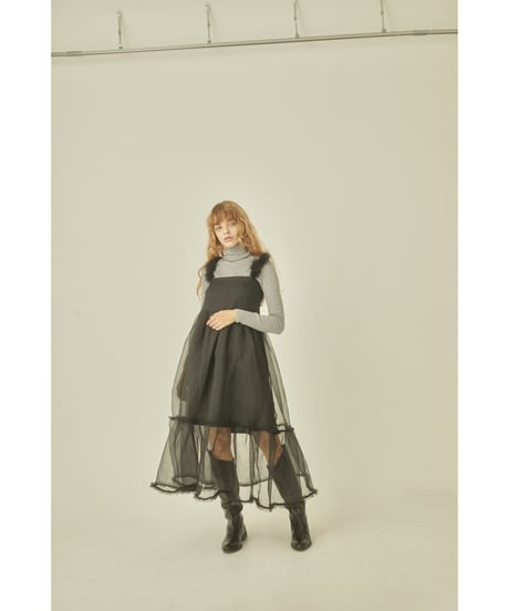 fur strap tulle frill long onepiece