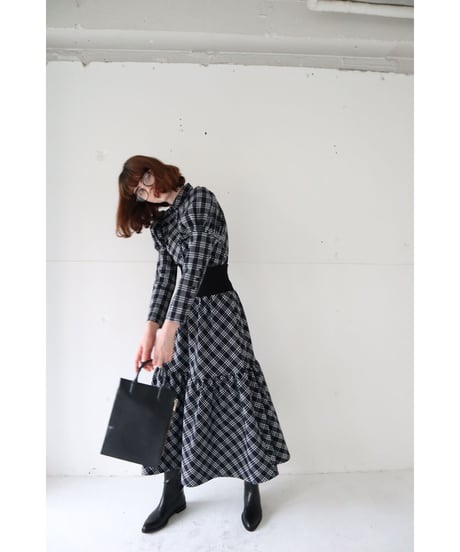 waist rib tiered long skirt check black