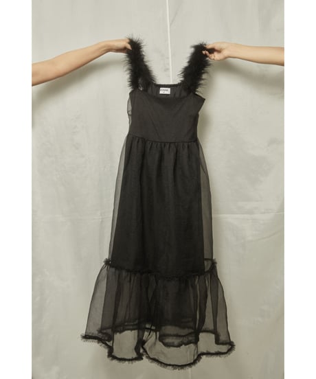 fur strap tulle frill long onepiece