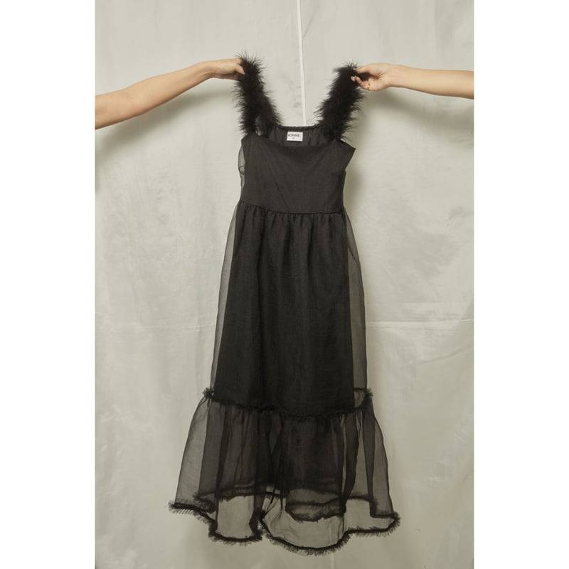 fur strap tulle frill long onepiece | BONNE fur strap tulle frill long onepiece | BONNE