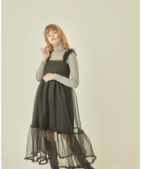 fur strap tulle frill long onepiece