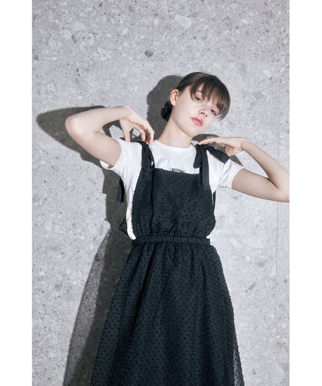 see-through dot long ribbon one-piece black