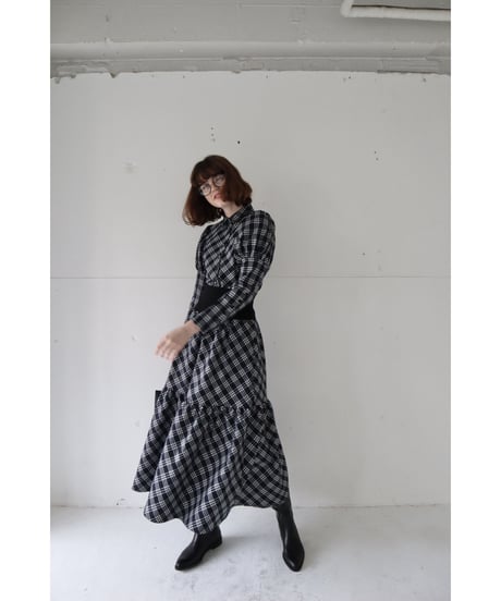 waist rib tiered long skirt check black