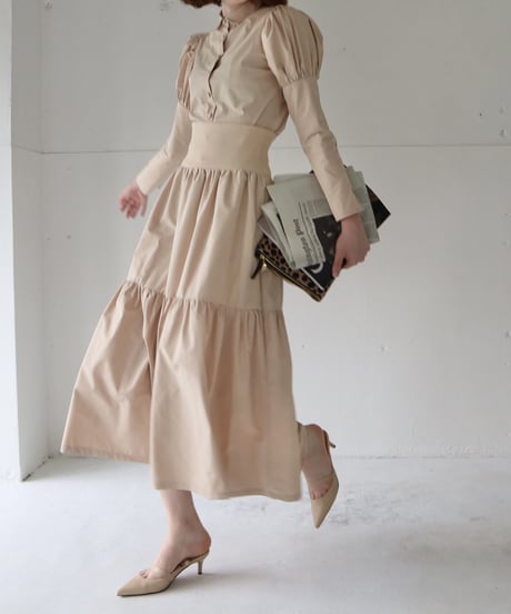 waist rib tiered long skirt beige