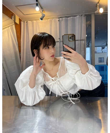 arm volume dot see-through docking blouse white
