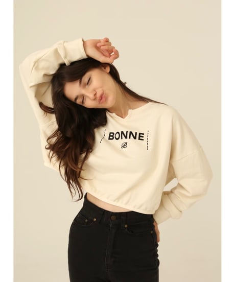 velours piping glitter embroidery sweat ivory