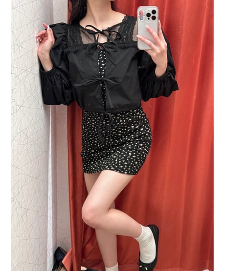 arm volume dot see-through docking blouse black