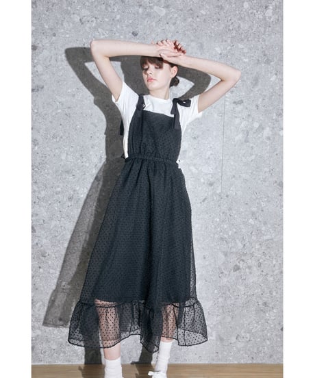see-through dot long ribbon one-piece black