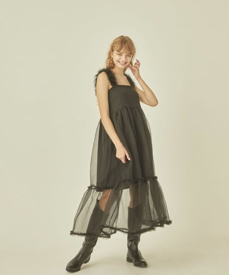 fur strap tulle frill long onepiece
