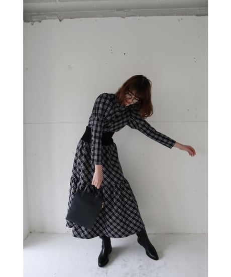 waist rib tiered long skirt check black
