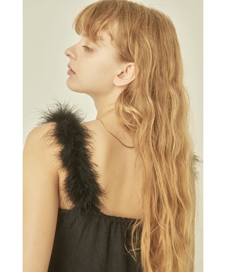 fur strap tulle frill long onepiece