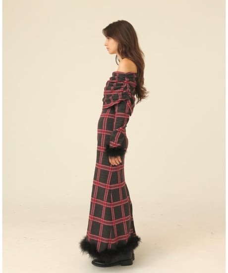 off shoulder fur one-piece grayxred