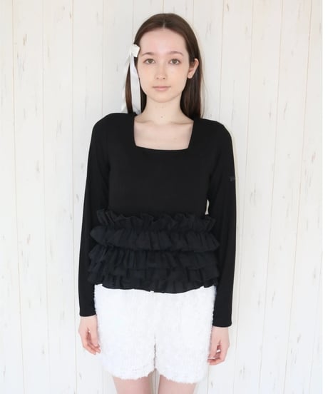 volume frill squareneck tops black
