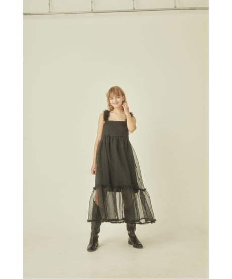 fur strap tulle frill long onepiece