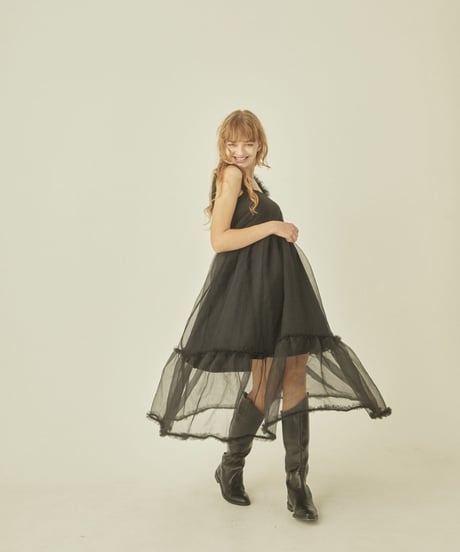 fur strap tulle frill long onepiece