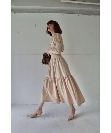 waist rib tiered long skirt beige