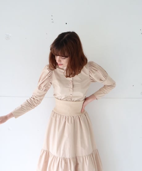 puff sleeve arm button blouse beige