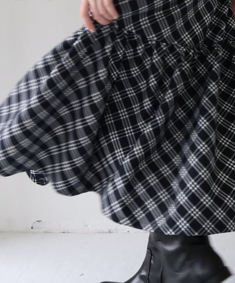 waist rib tiered long skirt check black