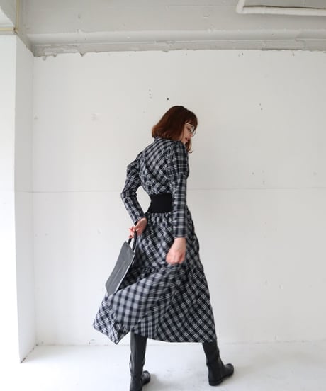 waist rib tiered long skirt check black