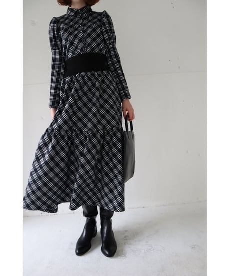 waist rib tiered long skirt check black