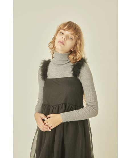 fur strap tulle frill long onepiece