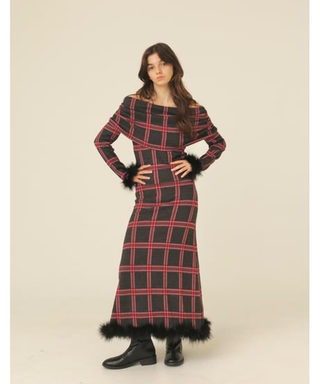 off shoulder fur one-piece grayxred
