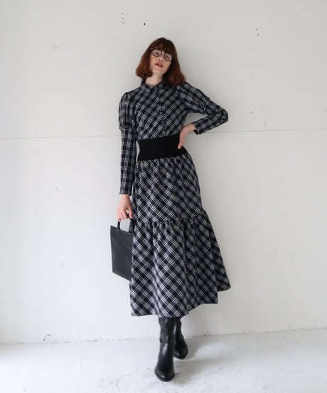 waist rib tiered long skirt check black