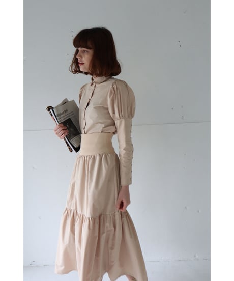 puff sleeve arm button blouse beige