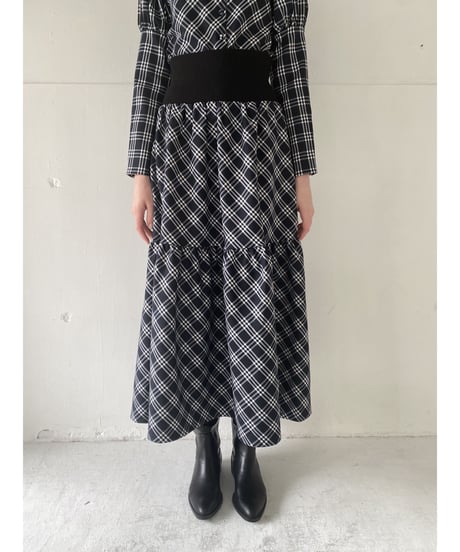 waist rib tiered long skirt check black