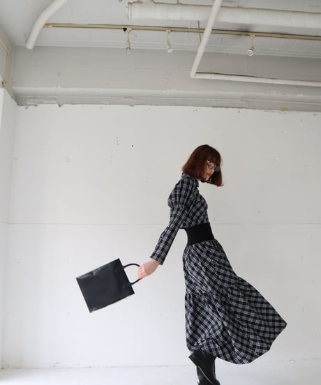 waist rib tiered long skirt check black