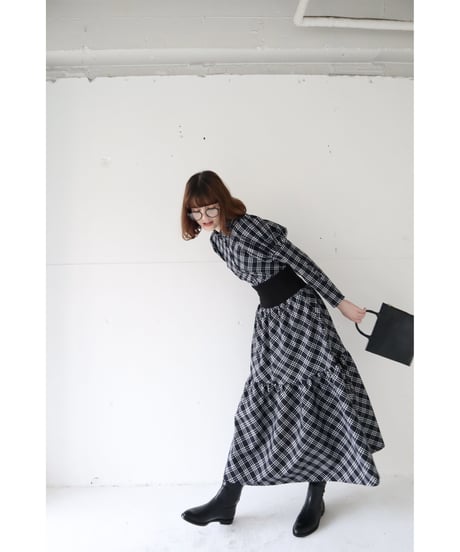 waist rib tiered long skirt check black