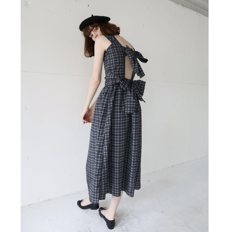 bonne back double ribbon one-piece check - ワンピース