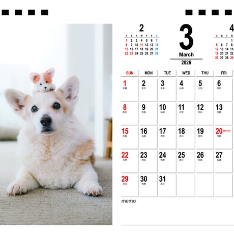 【予約販売】 ノエル&モナ コーギー 犬 2026年 卓上半面 カレンダー TA26335