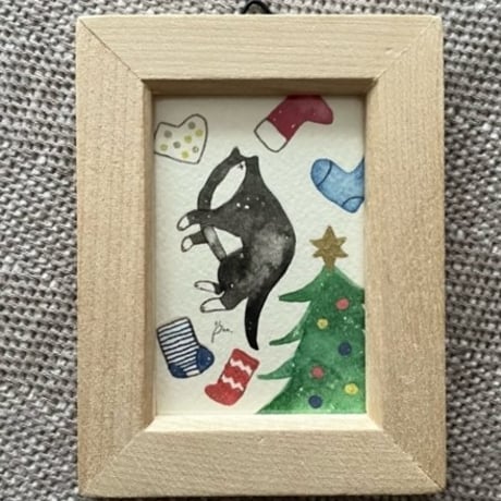 【ミニ原画】クリスマスの靴下猫