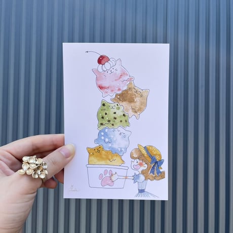 ポストカード　ねこ5段アイスクリーム