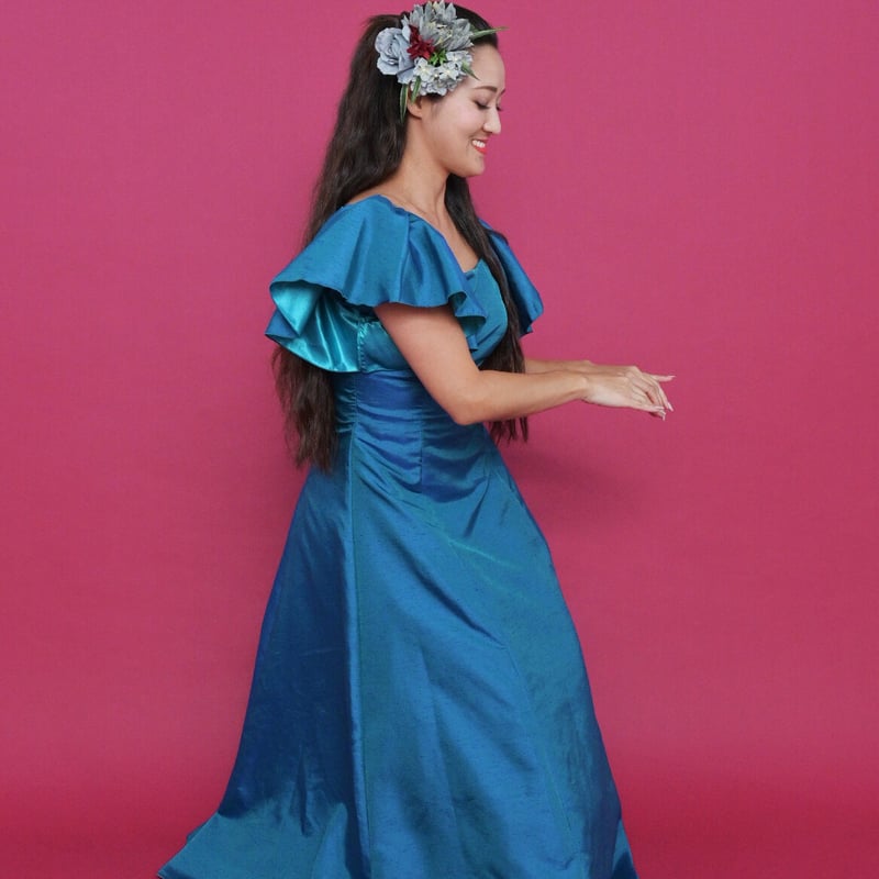 DR079】シャンブレーシャンタンフレア袖ドレス ブルー | I MUA