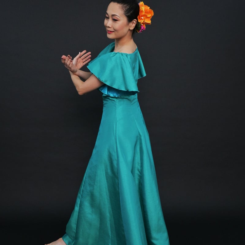 DR079】シャンブレーシャンタンフレア袖ドレス_ティールグリーン