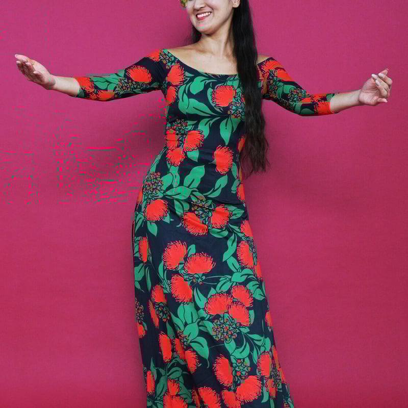 SDR004】オリジナルストレッチプリント/7分袖ドレス