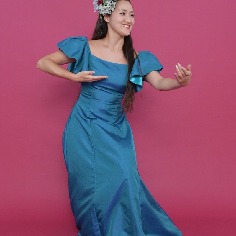 DR079】シャンブレーシャンタンフレア袖ドレス ブルー | I MUA