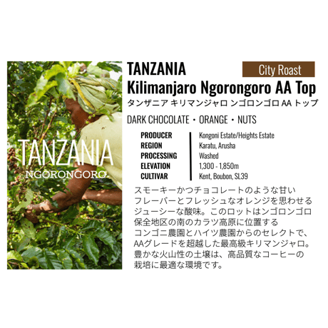 タンザニア ・キリマンジャロ・ンゴロンゴロ AA Top　100g