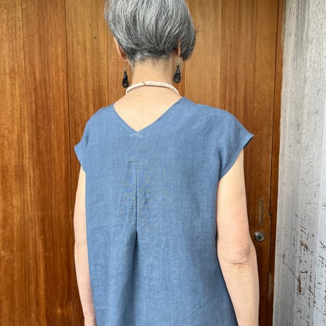 【受注品】普通厚★8型✴︎幸せな春夏リネンスッキリワンピース✴︎後ろV開き✴︎国産高級さらさらリネン✴︎爽やかブルーグレー✴︎袖丈変更可