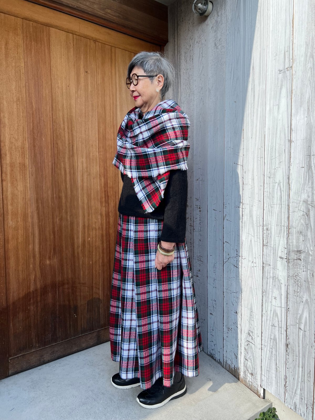 ☆冬が楽しいスカート☆秋冬エントリーNo.3○B 白地に赤緑タータン