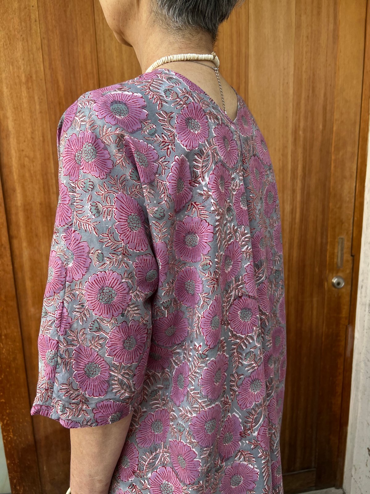 受注品】○No.32○インド手押しブロックプリント○ライト緑グレー