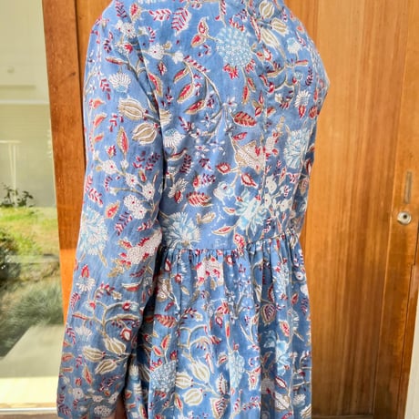 【完成品1点物Ｌ】No.7  憧れのカシュクールドレス✴︎気持ちいい極薄コットン★ライトブルー×アワ花柄